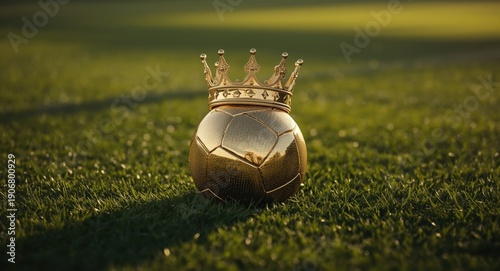 Golden soccer ball with crown set on lively green grass field reflecting triumph in the game