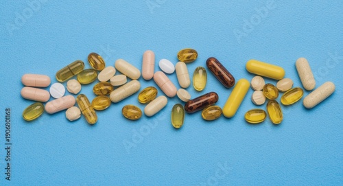 Different pills and vitamins placed neatly on a blue minimal texture background with copy space