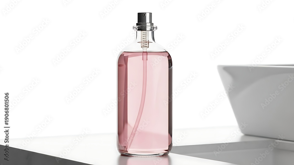 Fototapeta premium Elegant Clear Glass Cosmetic Spray Bottle Filled with Pink Liquid Standing on a White Countertop Next to a Bathroom Sink for Perfume or Toner Packaging Mockup and Beauty Product Presentation