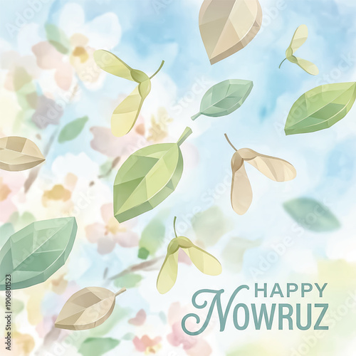 Happy Nowruz greeting card. Vector illustration of falling leaves and seeds on a soft, floral spring background. Vector illustration