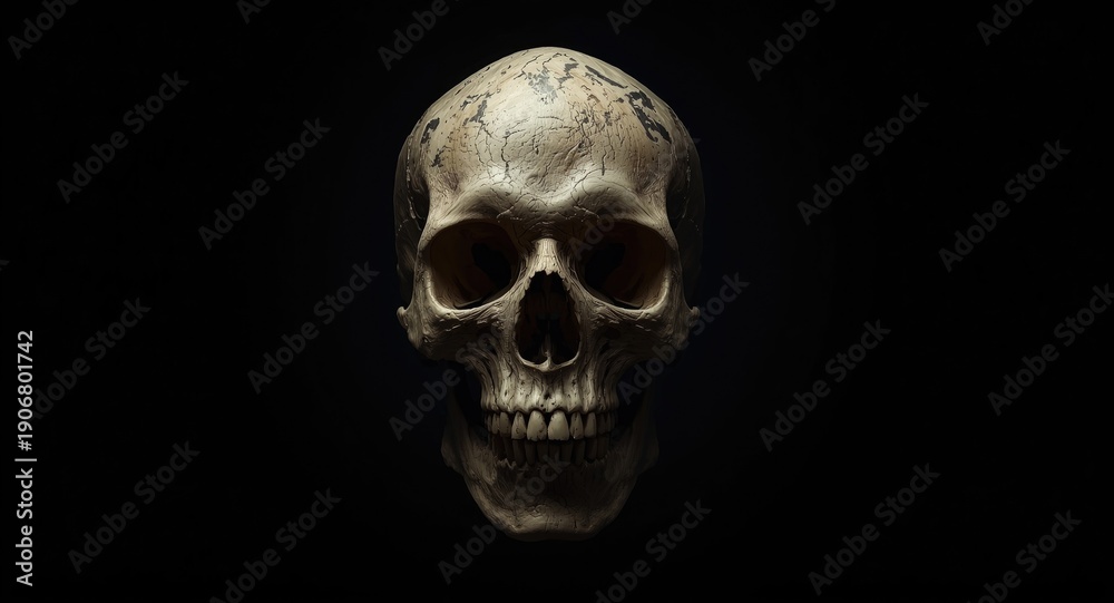 Fototapeta premium Black backdrop featuring human anatomical skull evoking fear of dying and eternal life