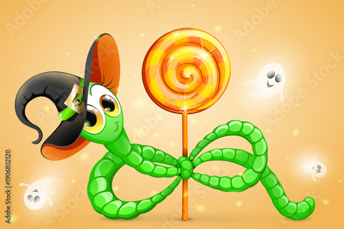 Worm in Witch hat with lollipop