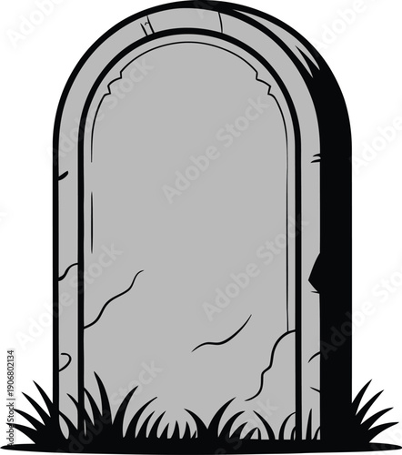 An old, weathered gravestone standing in a grassy area with a cracked surface.