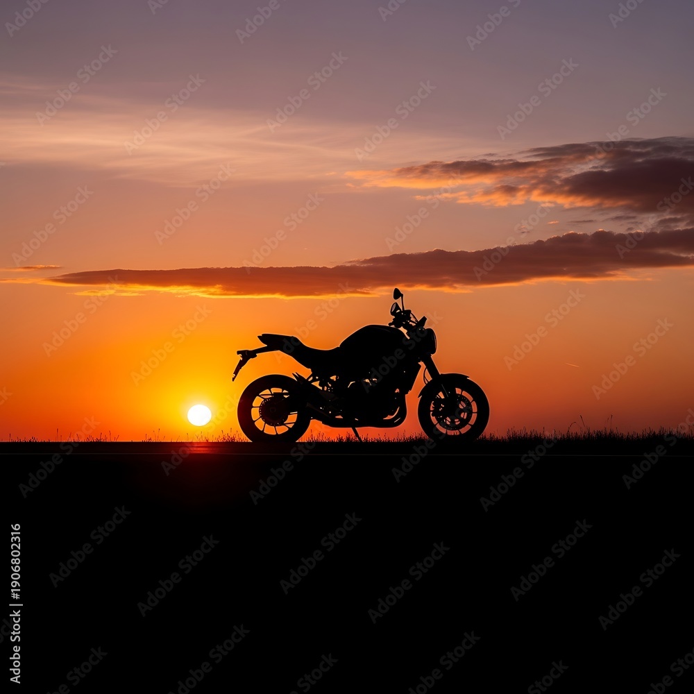 Fototapeta premium A motorcycle silhouetted against a vibrant sunset in the countryside