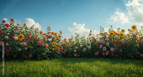 Lush summer garden featuring vibrant flowers and a green grass lawn forming a charming nature backdrop