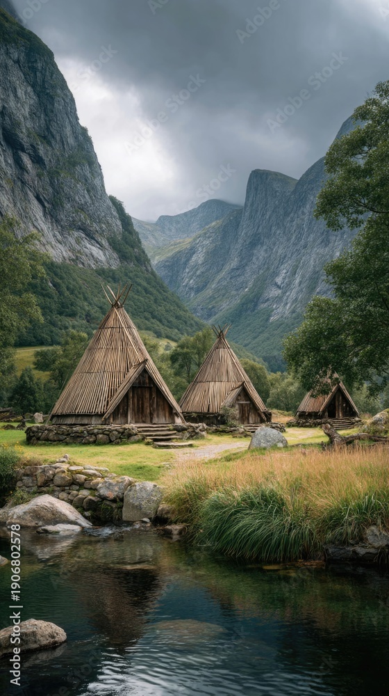 Fototapeta premium Mountain huts by a peaceful river