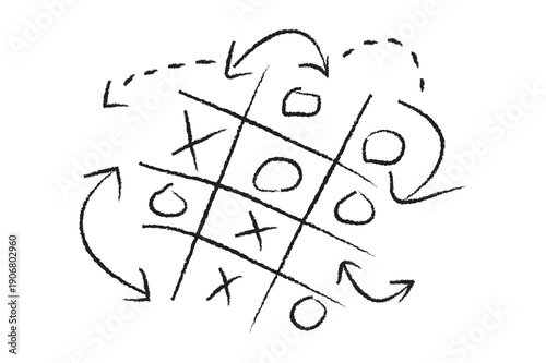 Фотография Doodle of a tic-tac-toe game board with X and O symbols and swirling arrows, symbolizing chaotic gameplay and multiple possibilities