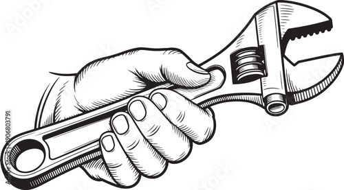 Hand holding an adjustable wrench tool in black and white line style mechanical