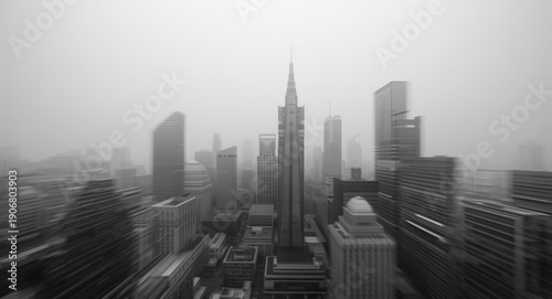 Hazy grayscale perspective of animated metropolitan architectural forms
