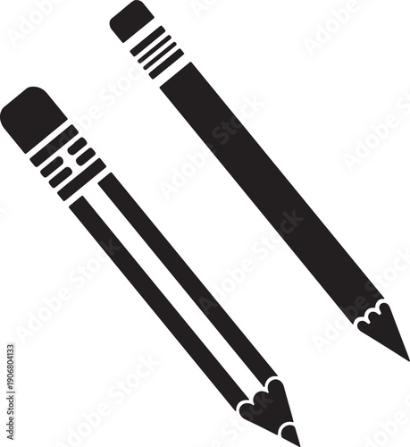 Two black graphite pencils with erasers and sharpened tips on a white background