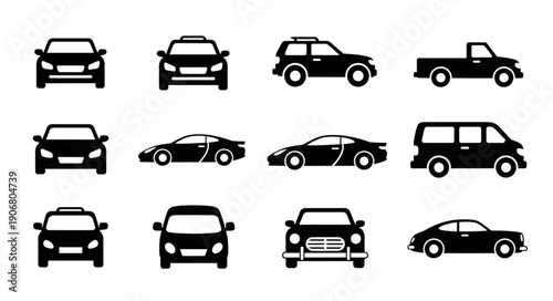 Collection of various car silhouettes in black and white.