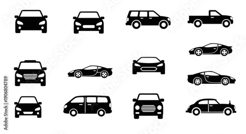 Collection of various car silhouettes in black and white.
