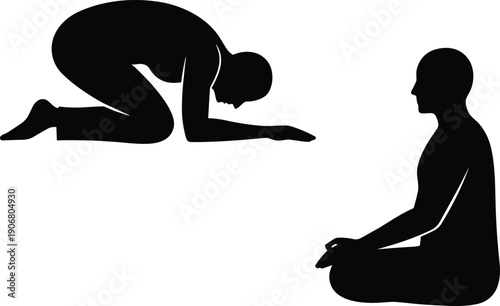 Silhouette illustration of person bowing in respect before seated figure, symbolizing humility, meditation, spirituality, mindfulness, cultural tradition, peaceful interaction