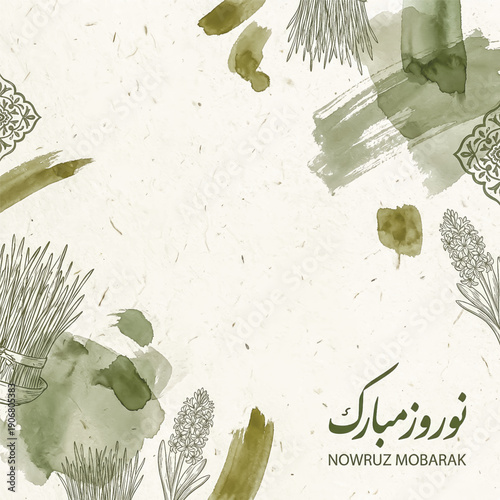 An artistic design for the Persian New Year. This minimalist frame features Nowruz symbols, watercolor washes, and elegant calligraphy. Vector illustration