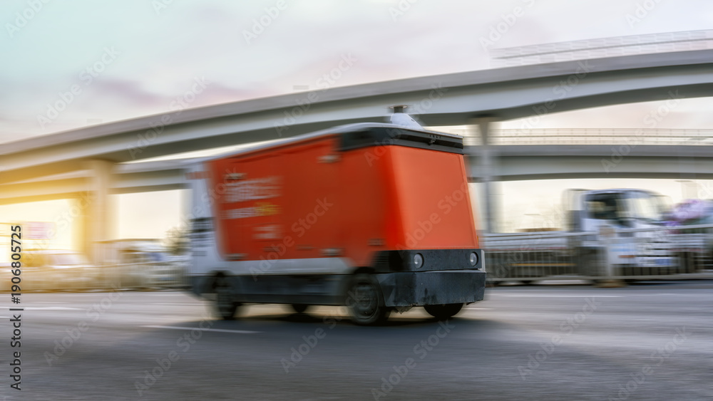 Fototapeta premium Driverless, autonomous, unmanned delivery vehicle, automation, background;
