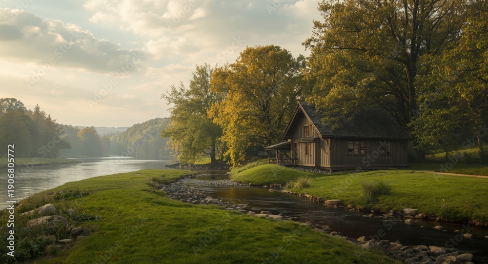 Fototapeta premium Calm river view beside a quaint dwelling with expansive green grass and mature trees beneath a gentle cloudy atmosphere
