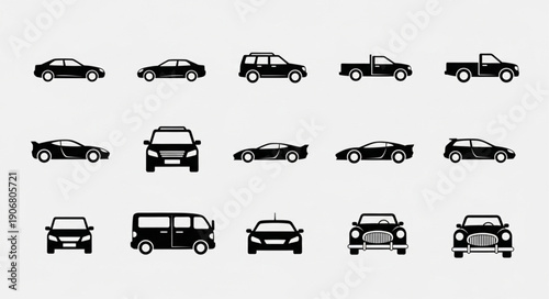 Collection of Various Car Silhouettes and Icons.