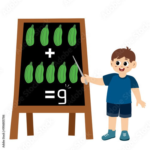 little kid learns subtraction and addition of vegetable in blackboard