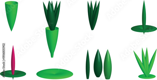 Green leaf tuft 3d render illustration set for spring and summer border or banner design. Cartoon field plant for Easter decoration. Garden and lawn greenery blade leaves. Outdoor vegetation.
