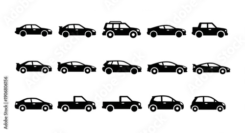 Collection of various car silhouettes in black and white.