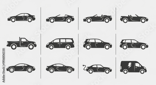 Collection of various car silhouettes in black and white.