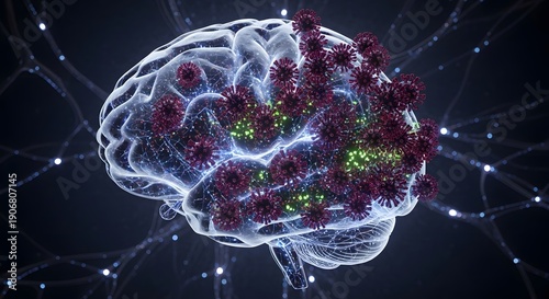 Conceptual Illustration of Virus Pathogen Affecting Human Brain