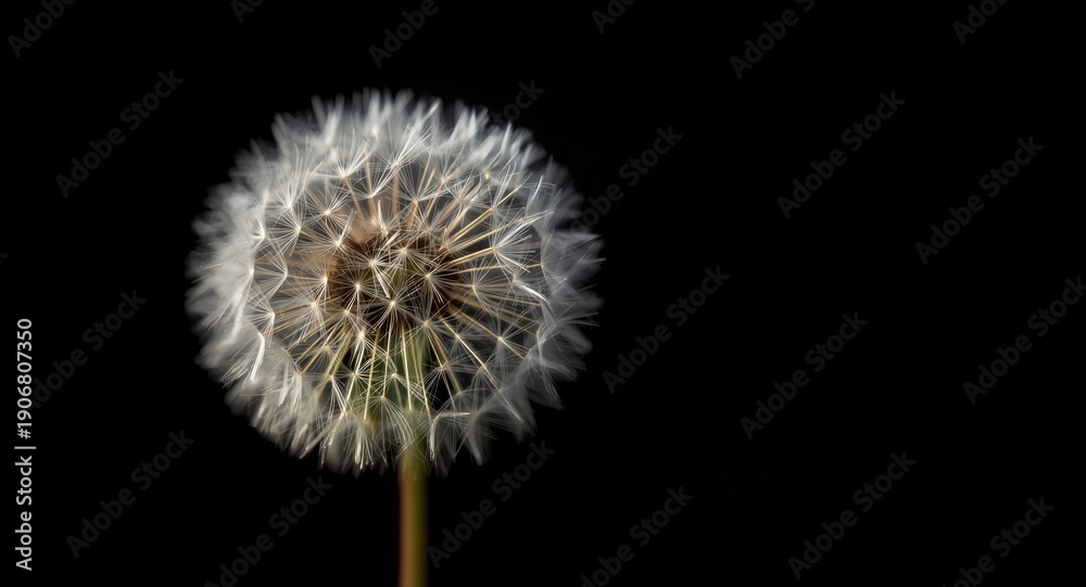 Fototapeta premium Close up photography of a delicate dandelion flower displaying fine textures on black
