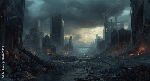 Depiction of a futuristic city in ruins following intense rain and storms