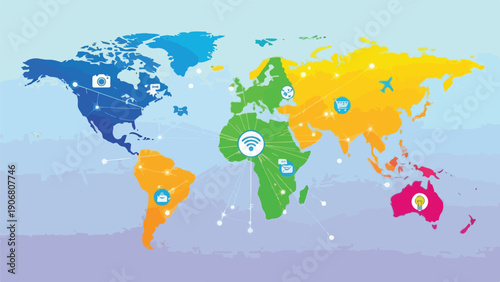 Colorful world map with connectivity icons representing global communication