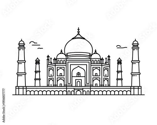 A black and white line drawing of the Taj Mahal, a famous Indian monument and symbol of love and architecture.