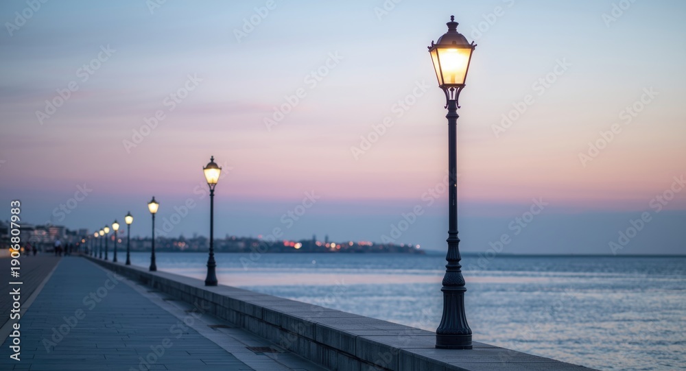 Obraz premium Gentle seaside environment capturing street lamps against peaceful water and sky