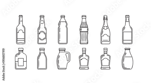Assorted Bottle Icons in Outline Style with White Background