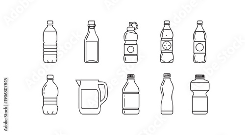 Assorted Drink Bottles and Pitcher Line Art Icons, Various Shapes and Sizes