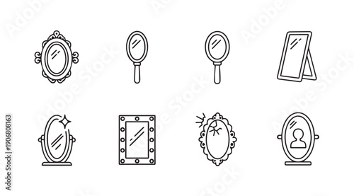 Assorted Mirror Icons: Ornate, Handheld, Standing, and Cracked Designs