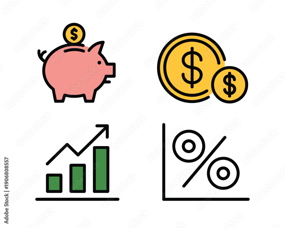 Obraz premium A graphic illustration of financial icons including a piggy bank, coins, a bar graph, and a percent sign.