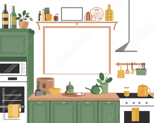 A modern kitchen with green cabinets and a wooden countertop, featuring various kitchen utensils and appliances