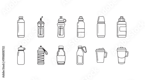 Assorted Reusable Water Bottles and Drinkware Outline Icons