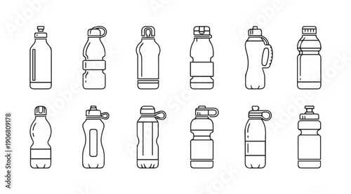 Assorted Water Bottle Line Icons Collection, Sports and Fitness Hydration Containers