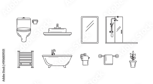 Bathroom Fixtures Collection Line Art Icons - Toilet, Sink, Bathtub, Shower, Mirror
