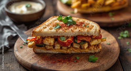 Grilled paneer and assorted vegetable sandwich with Indian tandoori spices