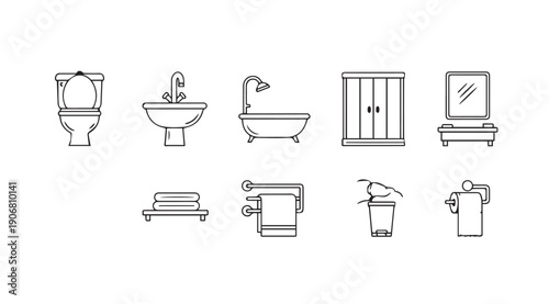 Bathroom Icons Set: Toilet, Sink, Bathtub, Cabinet, Mirror, Towels, Trash, Toilet Paper