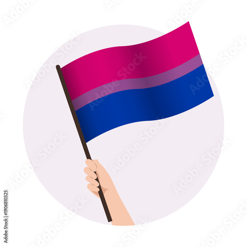 Bisexual waving pride flag in raised hand. Support vector illustration