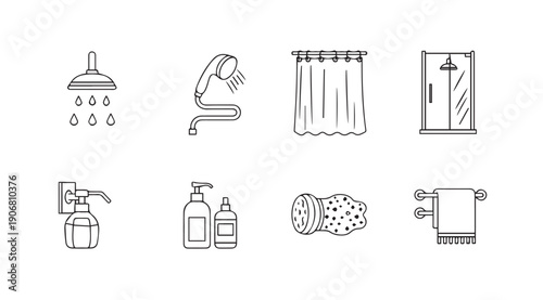 Bathroom Icons: Shower, Soap, Towel, Curtain, Sponge, Shower Head - Line Art