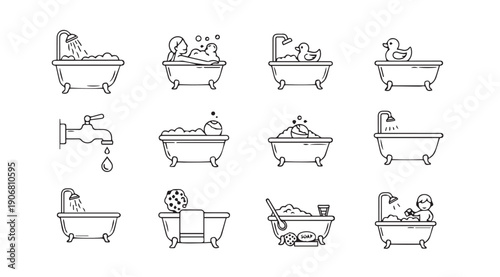 Bathtub Icons: Bathing, Water, Rubber Duck, and Soap Line Art Collection