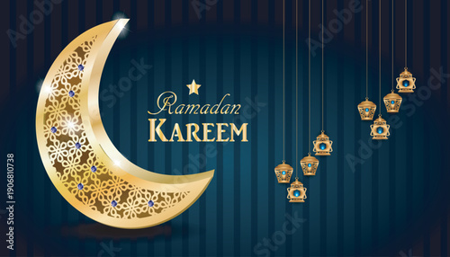 Ramadan kareem greetings with golden crescent moon and hanging lanterns