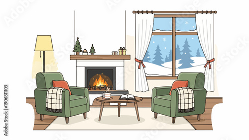 Cozy living room with a fireplace, armchairs, and a snowy scene