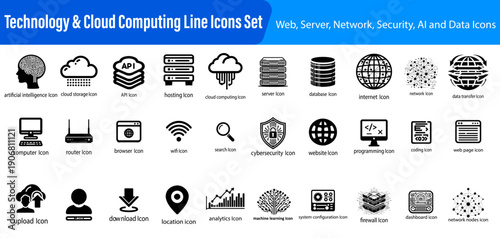Technology & Cloud Computing Line Icons Set – Web, Server, Network, Security, AI and Data Icons