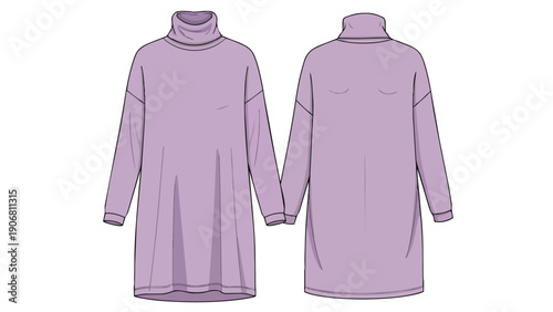 Front and back technical fashion flat sketch of a comfortable purple turtleneck long-sleeve tunic dress ideal for apparel design product development