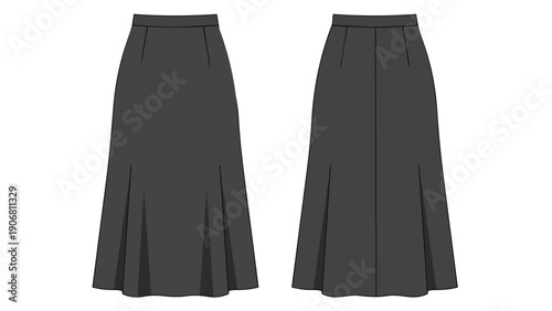 Detailed flat technical drawing of a sophisticated long dark grey fashion skirt with elegant subtle pleats at the hem presented in both front and