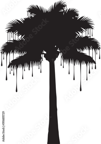 A solitary palm tree with water droplets hanging from its fronds against a white background. Vector